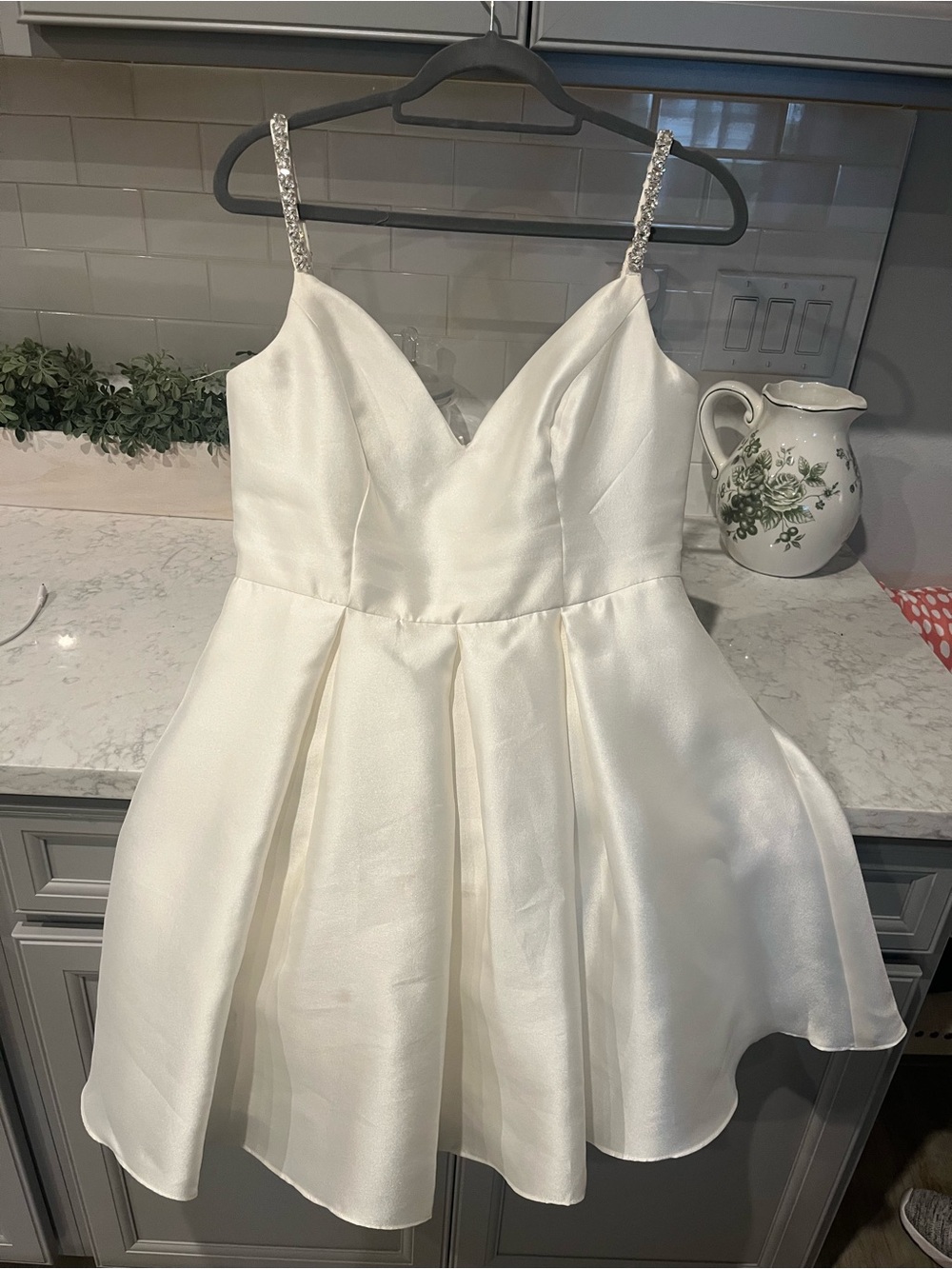 David's Bridal Ivory Satin Mini Dress with Embellished Straps